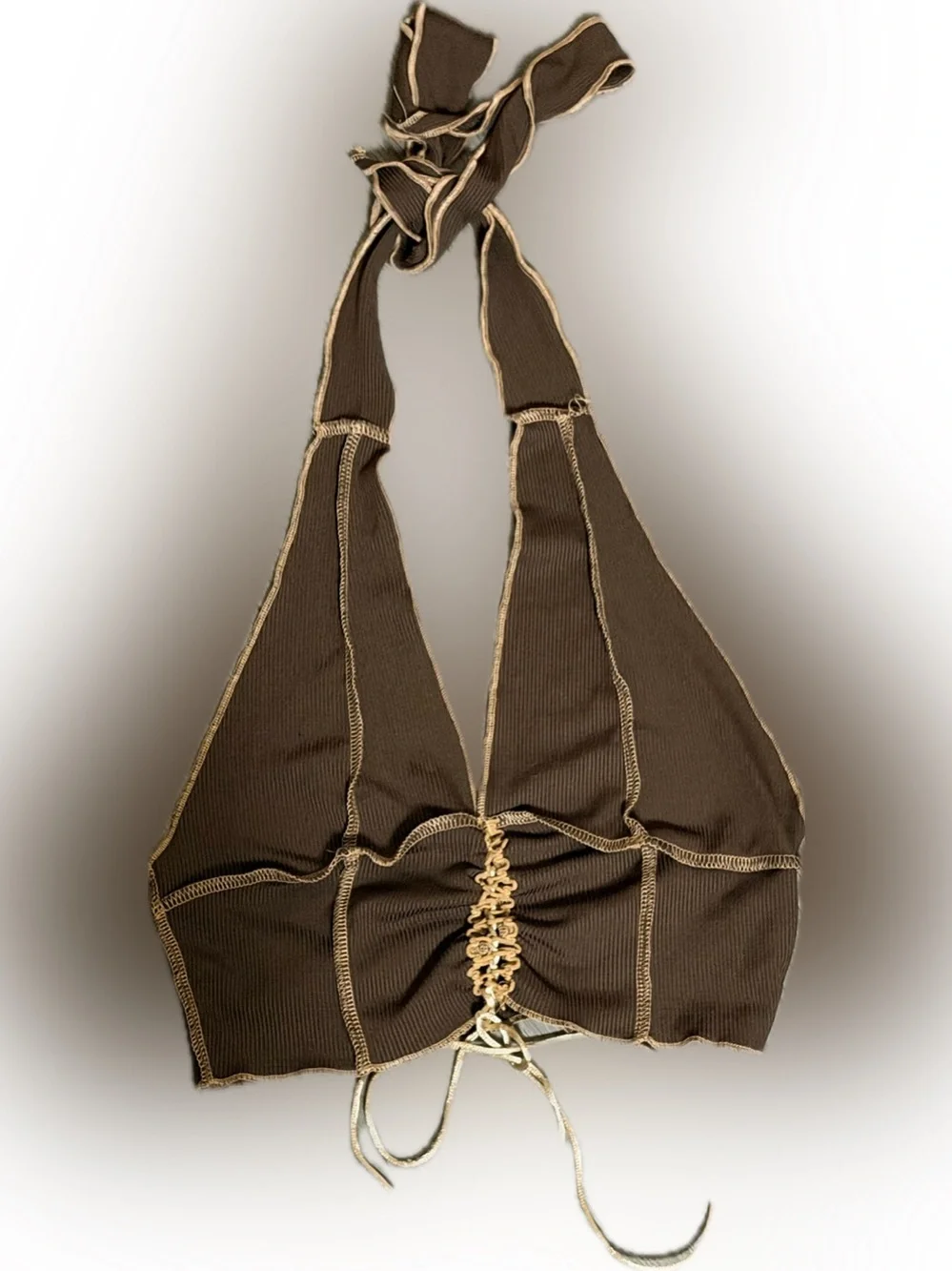 Brown Halter-Style Women's Shoulder Bag with Contrast Stitching - Picture 1 of 6